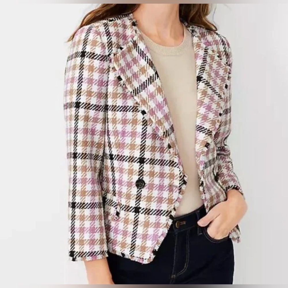 Ann Taylor Women’s Purple Cream Cutaway Jacket Houndstooth Fringe Tweed Size 0